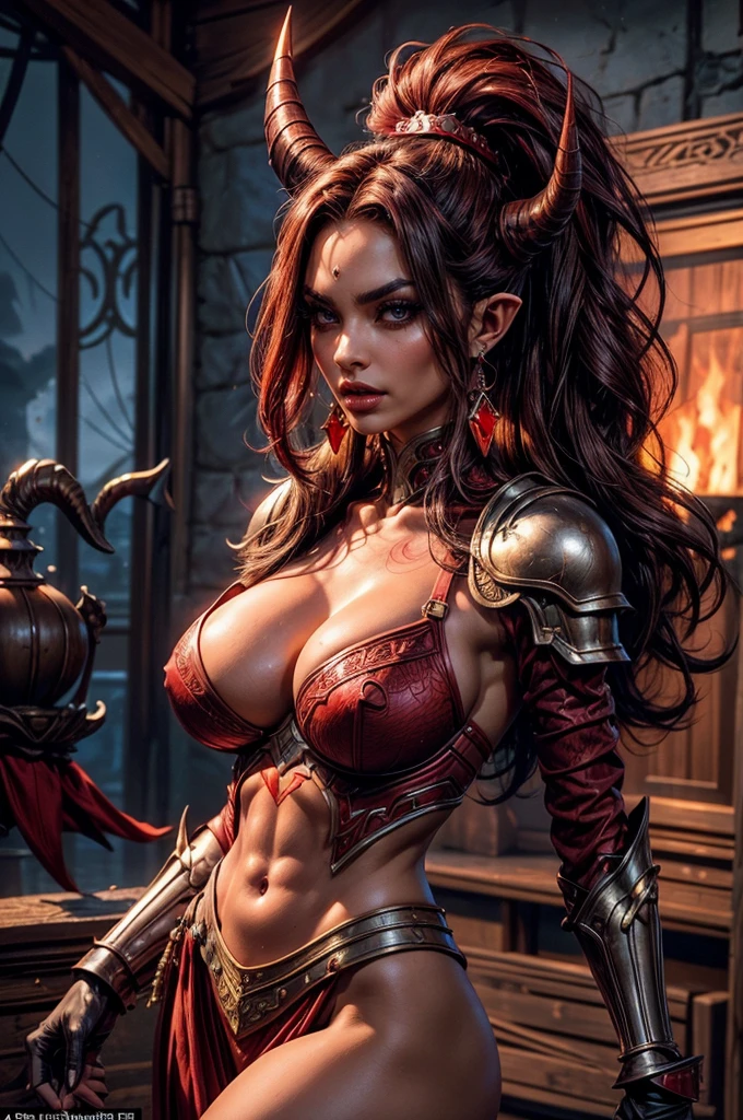 A mid shot of a (red skinned tiefling) woman, gorgeous face, amazing bone structure, defined cheekbones, slim, sharp nose, plump red lips, smokey eyes, dark thick eyebrows, dark eyeliner, dark eyeshadow, beautiful, long dark hair and (short curved bone horns coming from her forehead), (she has deep crimson red coloured skin), striking image, she has a skinny body, skinny waist, toned stomach, with large perky breasts and sexy swaying hips, dressed in revealing fantasy armour, (weairng rouge class battle armour), (best quality), ((masterpiece))