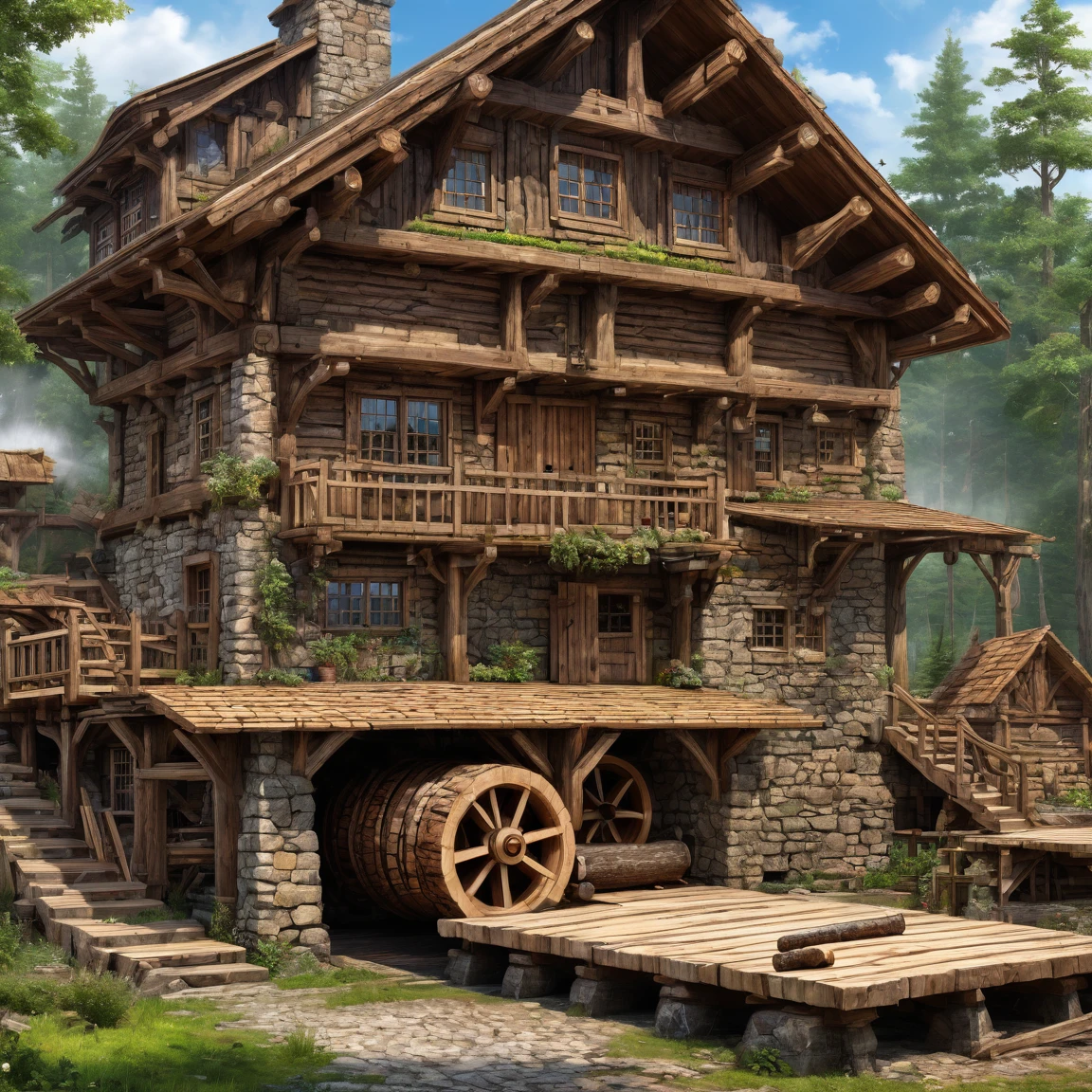(best quality)), ((masterpiece)), ((realistic,digital art)), (super detailed), fantasy, great sawmill, stone building with a great saw, planks and logs