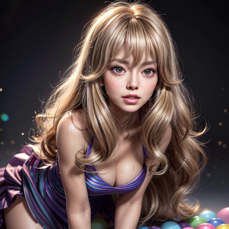 NSFW, 8k, High-level, absurd, masterpiece, best quality, primitive, very detailed CG, very detailed wallpaper, perfect lighting, Extremely detailed ((( personifying " Farrah Fawcett Majors " as a ))), MysticSight, Tyndall effect, Tyndall scattering, (Studio gray background with (Overflowing oodles Dazzling RainbowColorParticles (BokeH))), (RoundlyButts, ThighGap), (Exposed:0.4), (Assfocus with looking ahead) BREAK  (Acutance:0.88), (NOGIZAKA face variations) Extremely Detailed very KAWAII face variations, perfect anatomy, Childish, CaptivatingGaze ElaboratePupils detailed Eyes with (sparkling highlights:1.28), (Voluminous LongEyelashes、GlossyRED Lips with beautiful details, RosyCheeks, Radiant PearlSkin with Transparency . { (Dynamic LifeLike expressions:1.4) | :d) }, (large eyes:-1) .