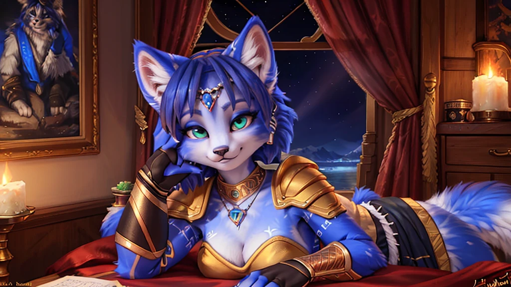 A beautiful and detailed (sweet picture) von ((Krystal)), Sternenfuchs Krystal, Schlank, liebenswert, green eyes, medium breasts, (((Lange blaue Haare 1.3))), ((schwarze haarspitzen)), Dekollete, Grinsen, hoch schauen,, anthro, Pelzig, Hochgeladen E621, detailed flauschige fur, (von Fluff-Kevlar, Bayard Wu, Personalami, Pino Daeni), detailliertes Gesicht, (flauschige), 1 girl, Allein, Stammes-Kleidung, sweet girl, solo, wears heavy armor