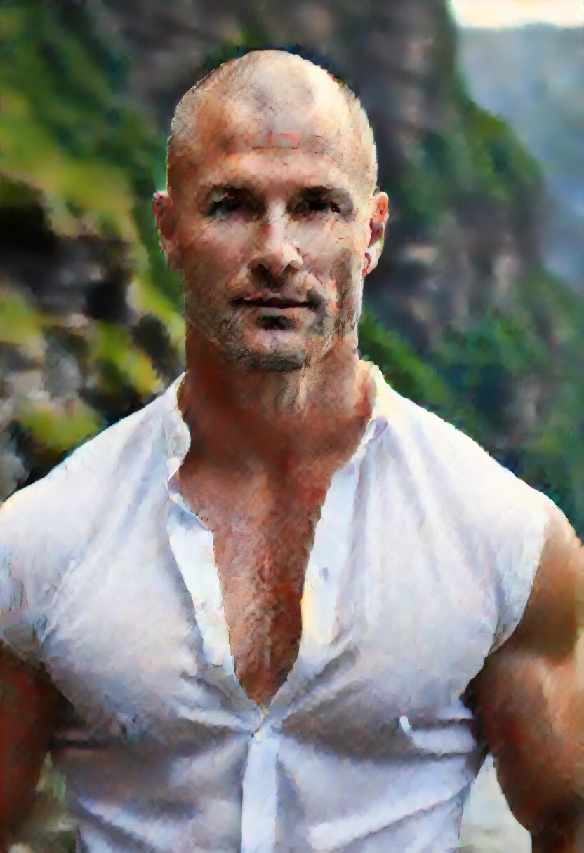 iphone pro 14, extremely beautiful model, 40 years old sexy muscular man, scandinave, shaved head, realistic, seins gaies, clivage, haut court, soutiens gorges, wearing a white shirt open on his chest