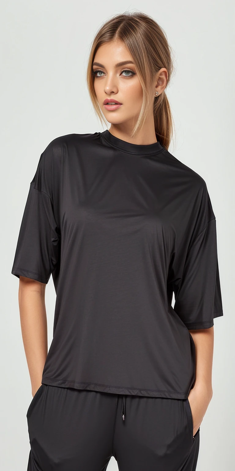 a woman wearing a top preto and pants with a white background, camiseta preta, black camiseta, camiseta preta, vestindo camiseta preta, wearing a camiseta preta, Vestindo um preto tshirt, top preto, Camisa preta, camisa preta com gola tartaruga, roupas pretas grandes, camiseta, Vestindo um preto!! camiseta, manga larga cropped