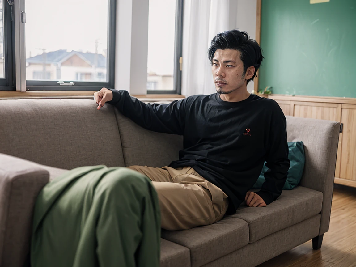 shot by Sony a7 IV Mirrorless Camera, natural light, analog film photo, Kodachrome , handsome Ryuuji Suguro black hair ,Long sleeve shirt and loose pants .sofa ,school living room