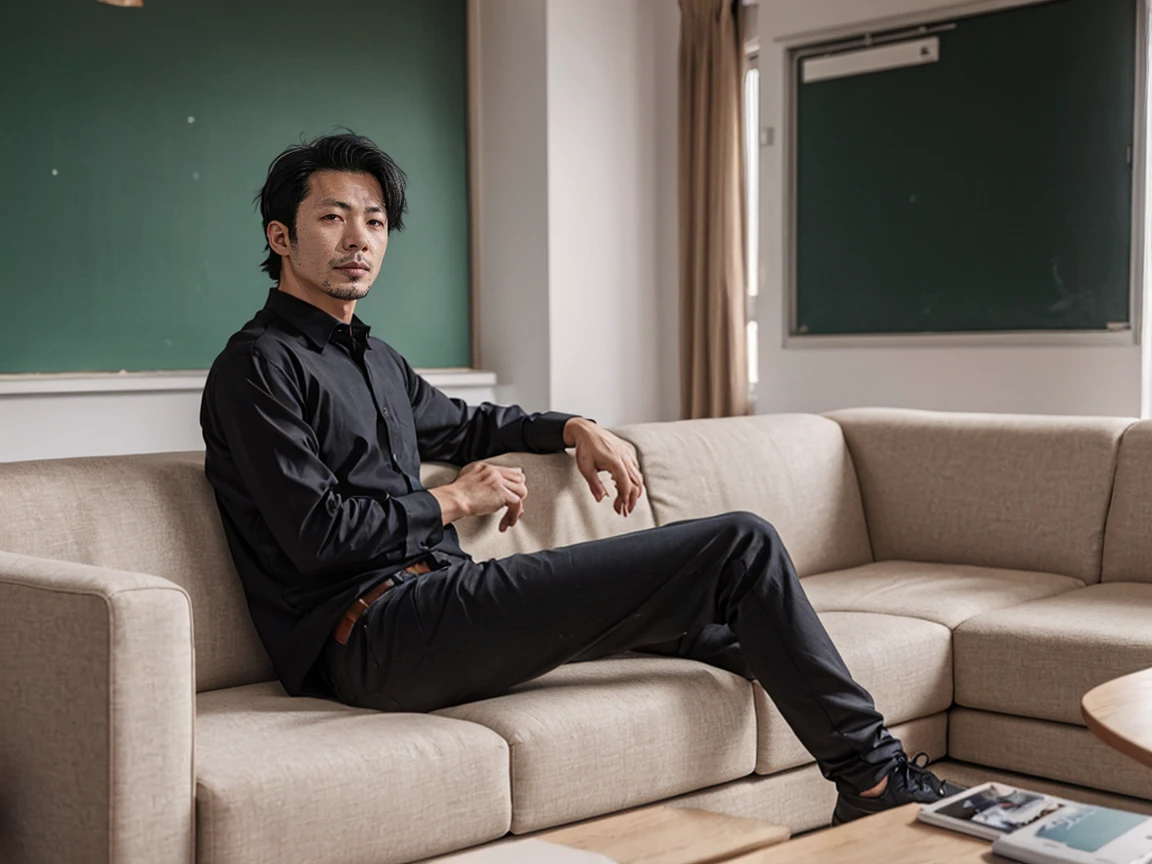 shot by Sony a7 IV Mirrorless Camera, natural light, analog film photo, Kodachrome , handsome Ryuuji Suguro black hair ,Long sleeve shirt and loose pants .sofa ,school living room