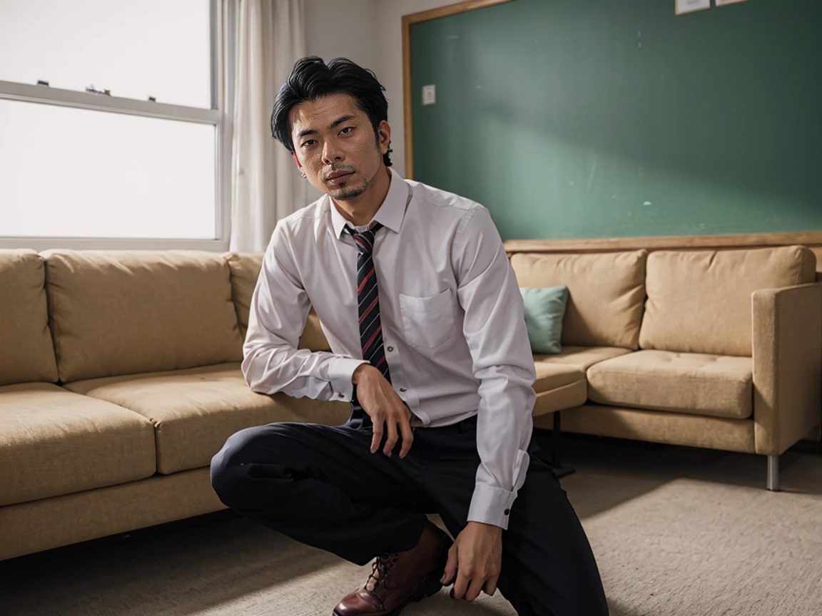 shot by Sony a7 IV Mirrorless Camera, natural light, analog film photo, Kodachrome , handsome Ryuuji Suguro black hair ,Long sleeve shirt and loose pants .sofa ,school living room