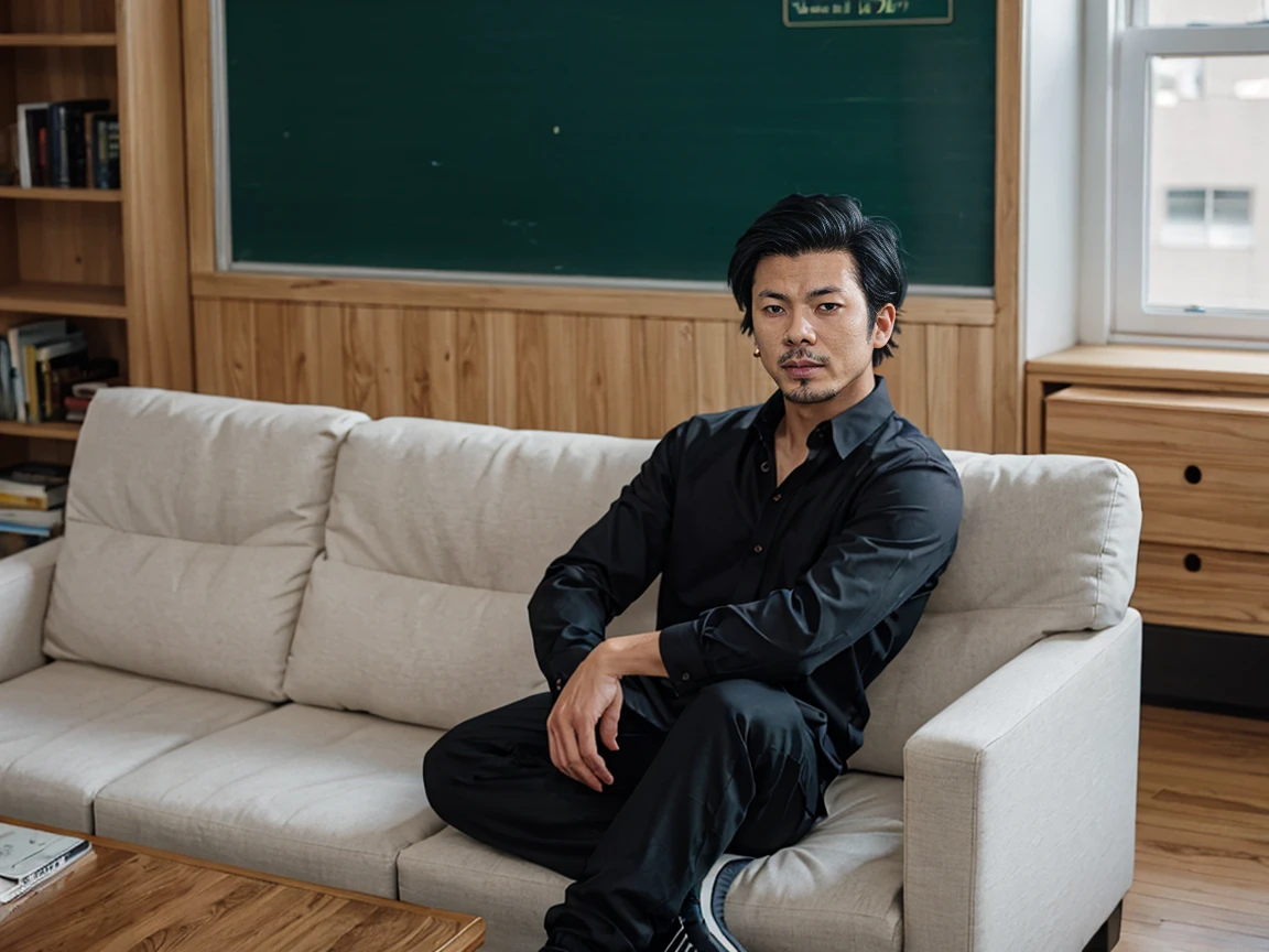 shot by Sony a7 IV Mirrorless Camera, natural light, analog film photo, Kodachrome , handsome Ryuuji Suguro black hair ,Long sleeve shirt and loose pants .sofa ,school living room