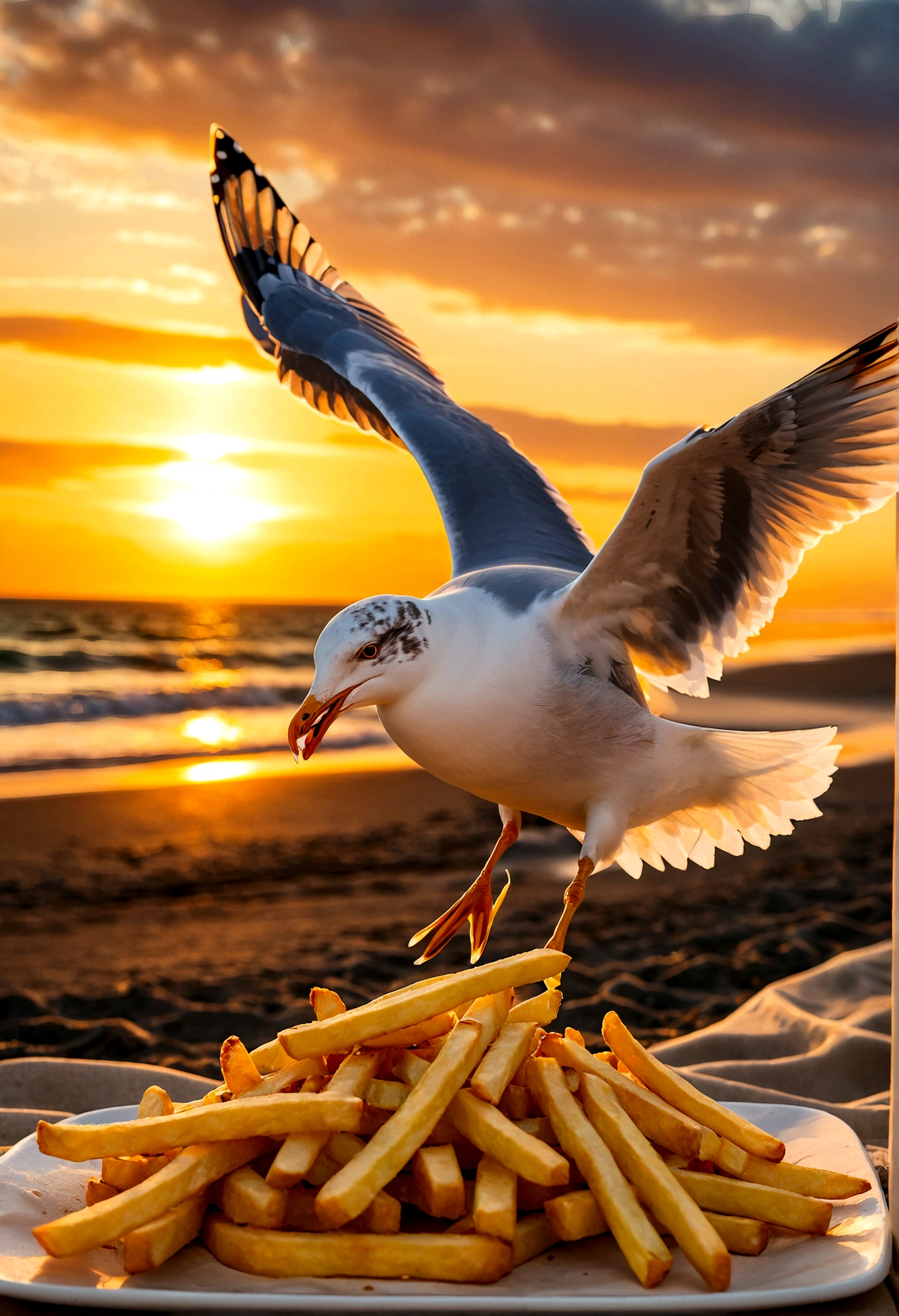 Seagull and Fries, seagull, french fries, beach, sunset, dramatic sky, ocean waves, sandy shore, food on the beach, hungry seagull, seagull reaching for fries, detailed seagull, detailed french fries, 8k, highly detailed, vivid colors, dramatic lighting, cinematic, golden hour, masterpiece, best quality, very aesthetic, absurdres