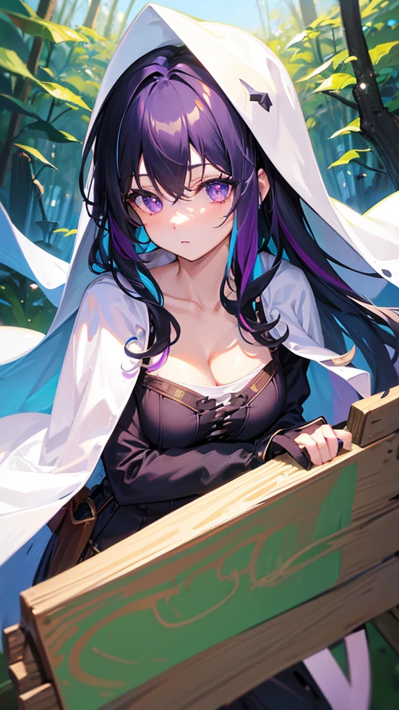 1girl, solo, young, medium long hair, breasts, black hair, blue tips, cleavage, hair between eyes, medium breasts, purple eyes, upper body, white hair, multicolored hair, outdoors, two-tone hair, cape , up , bench, cover In the forest