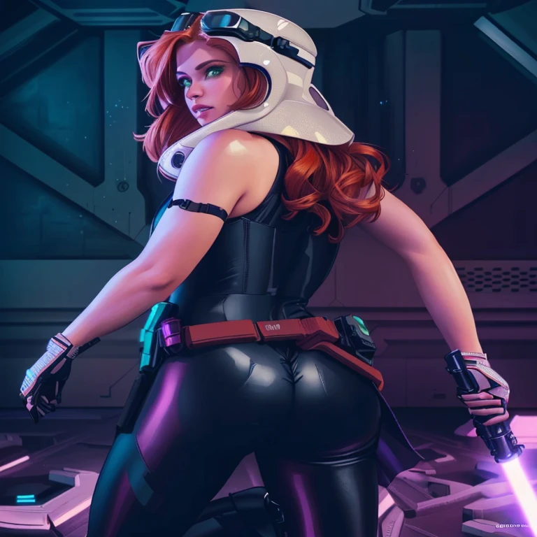 (best quality,8k:1.2,high resolution:1.2), dramatic pose, dynamic action, glowing lights, neon colors, cinematic lighting, photorealistic, 8k, best quality, masterpiece, ultra-detailed, physically-based rendering, ultra-detailed, vintage science fiction, Star Wars based environment, extremely detailed face, long eyelashes, (Mara Jade), Mara Jade Skywalker, long orange hair, bright green eyes, attractive body, bubble butt. She's looking at the camera with a shocked and horrified look, mouth open, looking from behind. She's wearing a tight shiny black leather suit, tan cape, goggles, fingerless gloves, gun holster, utility belt and high-heel boots. She’s holding a purple lightsaber. Background: Indoors, metallic structure, discorded Storm Trooper armor on the floor. Upper body shot, back view, ass view