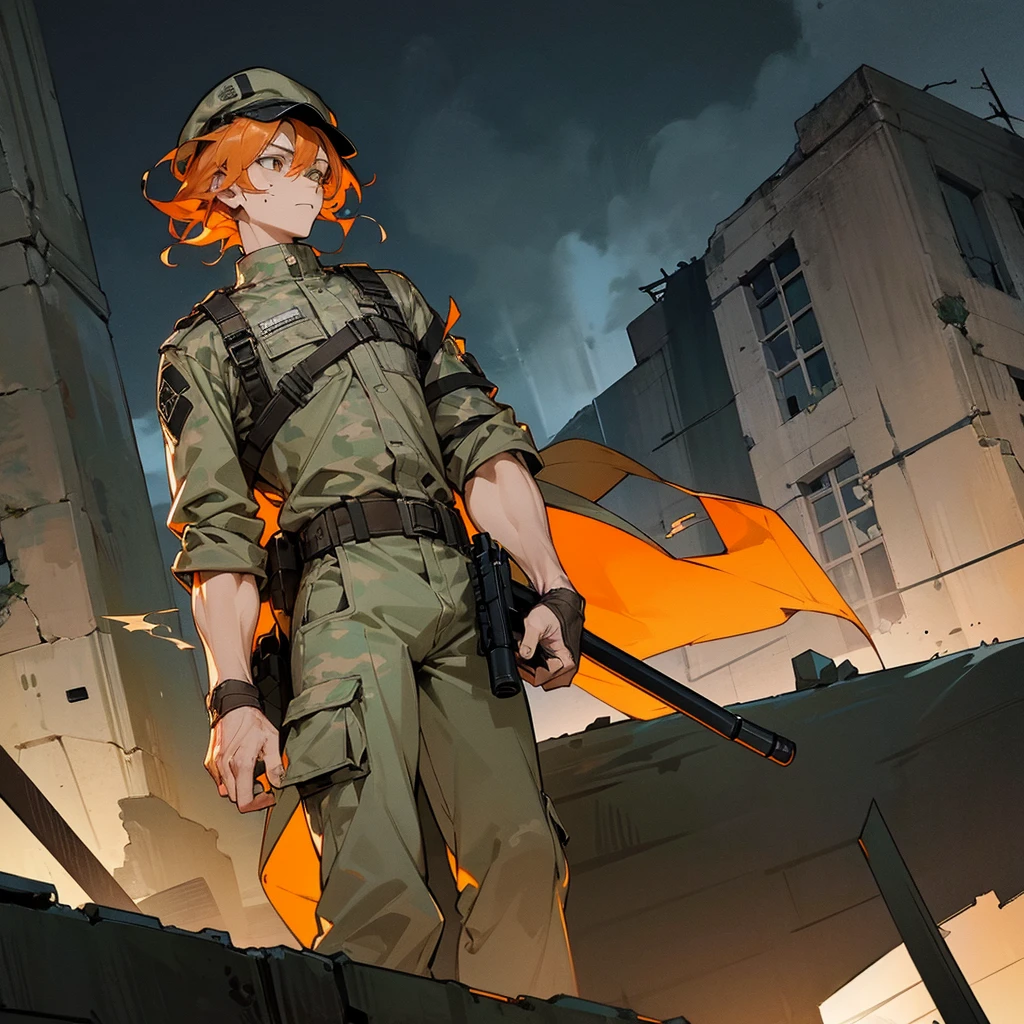 1male, young adult, finely detailed grey, pale orange hair, wavy medium hair, army cap, combat camo pants, standing on ruined building, night time, serious expression, muscular