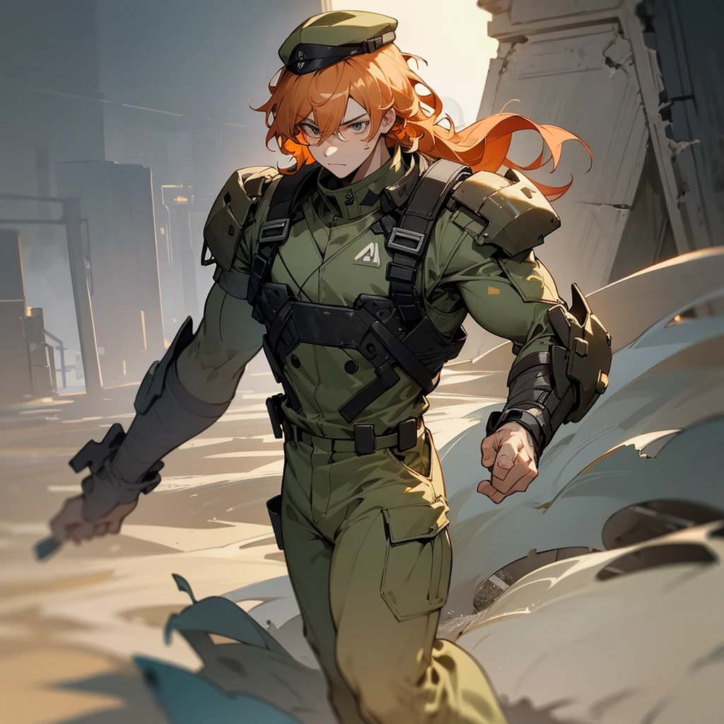 1male, young adult, finely detailed grey, pale orange hair, wavy medium hair, army cap, combat camo pants, standing on ruined building, night time, serious expression, muscular