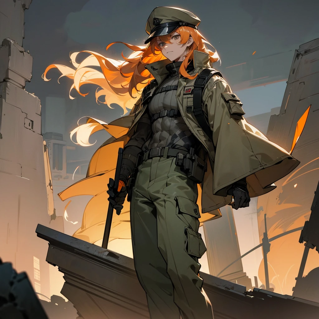 1male, young adult, finely detailed grey, pale orange hair, wavy medium hair, army cap, combat camo pants, standing on ruined building, night time, serious expression, muscular