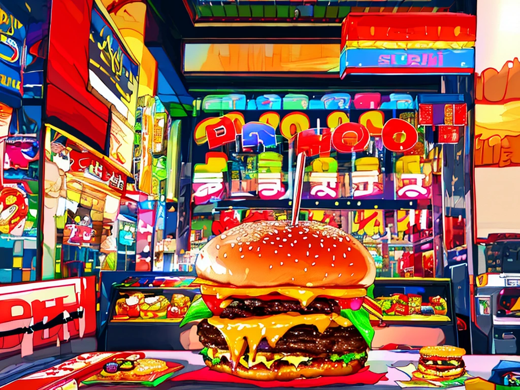 there is a large hamburger with many different toppings on it, big juicy burger, burger with a mouth, cheeseburger, hamburger, burger, super realistic food picture, amazing food illustration, digital painting highly detailed, highly detailed digital painting, hyperrealistic digital painting, detailed painting 4 k,(masterpiece, masterpiece、highest quality)