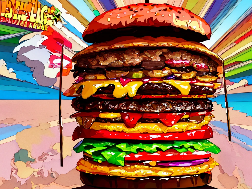 there is a large hamburger with many different toppings on it, big juicy burger, burger with a mouth, cheeseburger, hamburger, burger, super realistic food picture, amazing food illustration, digital painting highly detailed, highly detailed digital painting, hyperrealistic digital painting, detailed painting 4 k,(masterpiece, masterpiece、highest quality)