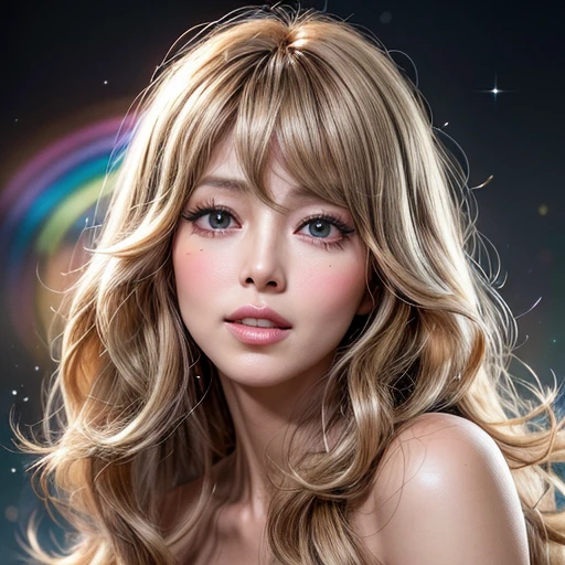 NSFW, 8k, High-level, absurd, masterpiece, best quality, primitive, very detailed CG, very detailed wallpaper, perfect lighting, Extremely detailed ((( personifying " Farrah Fawcett Majors " as a Little Girl))), MysticSight, Tyndall effect, Tyndall scattering, (Studio gray background with (Overflowing oodles Dazzling RainbowColorParticles (BokeH))), (RoundlyButts, ThighGap), (Exposed:0.4), (Assfocus with looking ahead) BREAK (Acutance:0.88), (NOGIZAKA face variations) Extremely Detailed very KAWAII face variations, perfect anatomy, Childish, CaptivatingGaze ElaboratePupils detailed Eyes with (sparkling highlights:1.28), (Voluminous LongEyelashes、GlossyRED Lips with beautiful details, RosyCheeks, Radiant PearlSkin with Transparency . { (Dynamic LifeLike expressions:1.4) | :d) }, (large eyes:-1) .