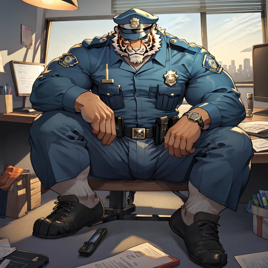 best quality, masterpiece, ultra-detailed, intricate illustration, detailed lighting, rim lighting, volumetric lighting, photorealistic rendering, 1 middle-aged male tiger anthro police character, tiger anthro police officer's muscular feet and calves and white knee-high socks, office setting with desk and computer, large window with city skyline view, {{{close-up view of police officer's crotch tent formed by his huge thick sheath underneath the police uniform showing the outline of his massive flaccid tiger cock}}}