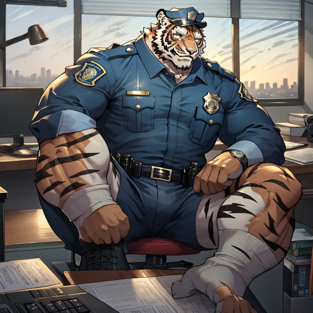 best quality, masterpiece, ultra-detailed, intricate illustration, detailed lighting, rim lighting, volumetric lighting, photorealistic rendering, 1 middle-aged male tiger anthro police character, tiger anthro police officer's muscular feet and calves and white knee-high socks, office setting with desk and computer, large window with city skyline view, {{{close-up view of police officer's crotch tent formed by his huge thick sheath underneath the police uniform showing the outline of his massive flaccid tiger cock}}}