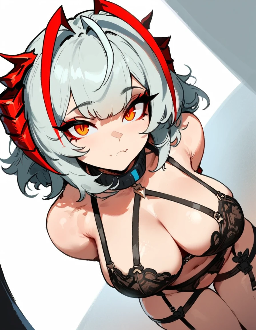 1girl, W \(arknights\), arknights \\\\\ masterpiece, best quality, very aesthetic, absurdres, newest \\\\\\ slim body,///// ,by nyantcha,cutesexyrobutts , by khyle,,////// ,,solo,, , ,,detailed face, , ,, , , , , beautiful face, (white background:1.2),simple background , sexy, , orange eyes, , , rating:nsfw,,big tits,), in the center of the frame,,short hair, ,lingerie garter belt,, black openwork bra