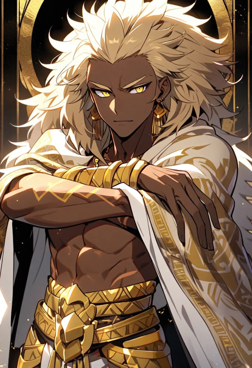 Handsome, solo, 1 male, African man,(((brown skin))), ((short wild golden hair)), yellow eyes, no shirt, tattoed yellow tribal arms, ((white lion cloak)), pride posture