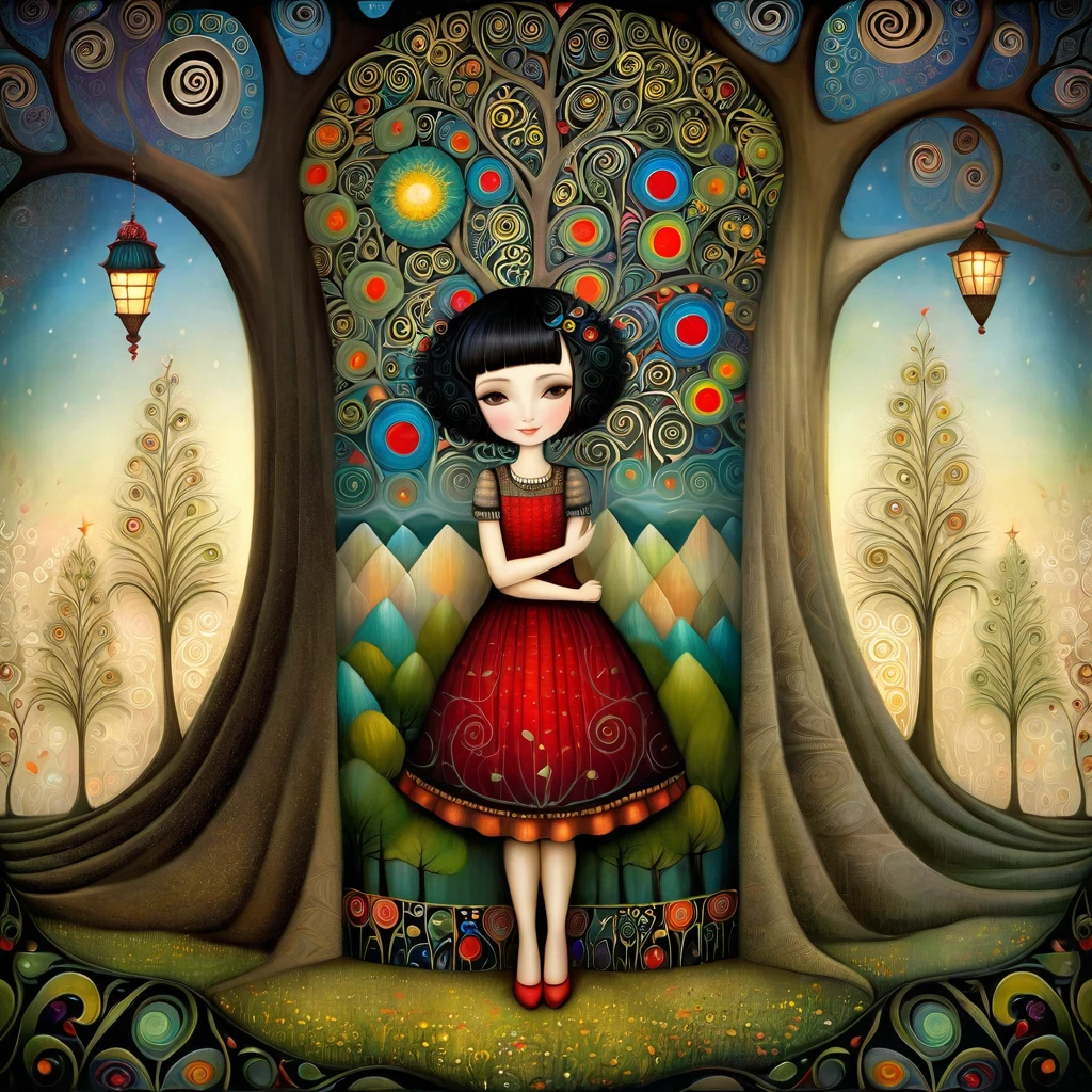 Young European woman with short black hair, a wide skirt, hugs a tree and smiles sweetly, patchwork style inspired by Klimt, Nicoletta Ceccoli, Naoto Hattori, Lawrence Didier, and Leonora Carrington, intricate patterns and details, photorealistic 8k resolution, masterpiece quality, vivid and vibrant colors, dramatic lighting casting surreal shadows, fantastical and whimsical elements, magical realism ambiance, wide-angle perspective creating optical illusions.