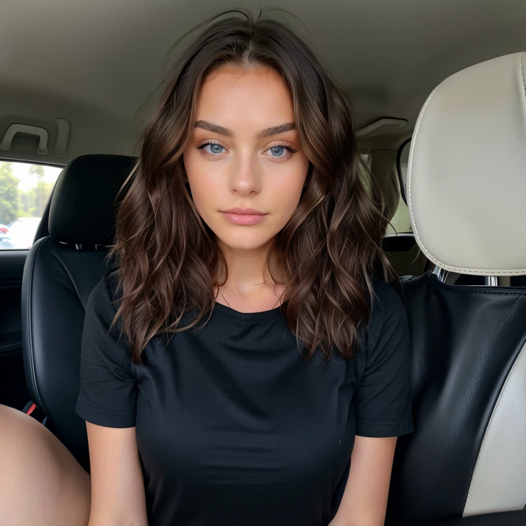 Belle brune aux reflets blonds, qui porte un haut noir (dans sa voiture), very detailed, 22 ans, Visage innocent, Natureal wavy hair, yeux bleus, high resolution, Chef-d'artwork, best quality, High level of complex detail, very detailed, sharpness, detailed skin, realistic skin texture, texture, detailed eyes, Professionnel, 4k, Sourire charmant, filmed with Canon, 85 millimeters, faible profondeur de champ, Kodak Vision Couleur, corps parfaitement ajusté, extremely detailed, Photor_\(ultra\), photorealistic, realistic, Après traitement, Maximum details, roughness, la vraie vie, ultra realist, photorealism, Photo, 8K UHD, Photo, ((selfie du haut du corps, heureux)), Chef-d'artwork, best quality, Ultra detailed, je suis brin, (label), Nature, des noms, vue sur la mer, heureux, backpack, Cabane de plage, pink shirt with small closed sleeves, Ombre, contraste, ciel clair, Style, (Ton chaud, Tonne plus chaude: 1.2), Fermer, Cinematic light, Side lighting, ultrahigh resolution, bester Ombre, ROH, partie du visage, serious look, seins normaux, 4k, Nature, Super, jupe courte, la route, Italie