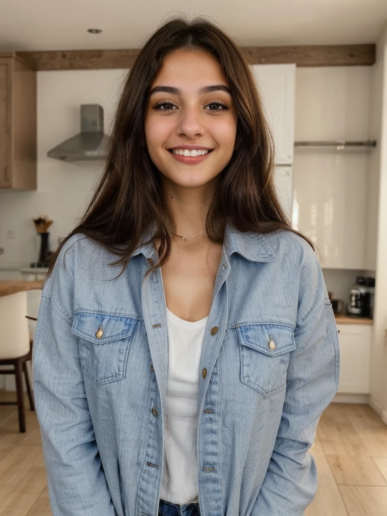 one cute women, 20YO, white, Arab, cute face, realistic brown eyes, blue jacket, brown hair, cute smile, skinny face, white realistic teethes, big eyes, long hair, at home