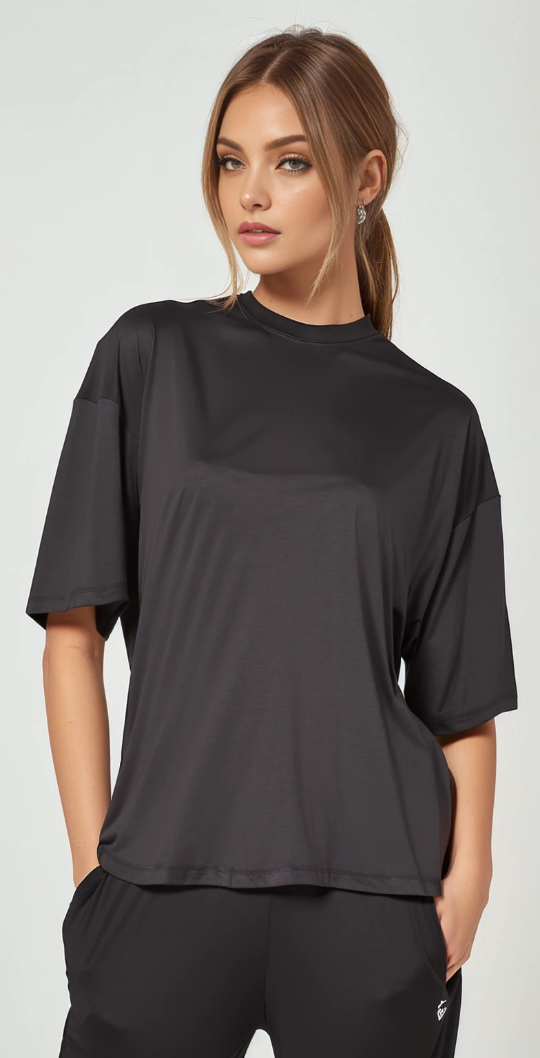 a woman wearing a top preto and pants with a white background, camiseta preta, black camiseta, camiseta preta, vestindo camiseta preta, wearing a camiseta preta, Vestindo um preto tshirt, top preto, Camisa preta, camisa preta com gola tartaruga, roupas pretas grandes, camiseta, Vestindo um preto!! camiseta, manga larga cropped