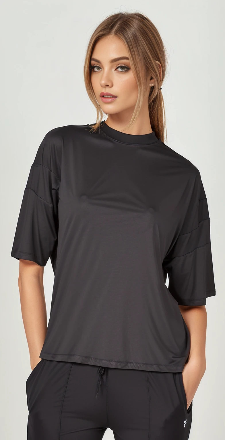 a woman wearing a top preto and pants with a white background, camiseta preta, black camiseta, camiseta preta, vestindo camiseta preta, wearing a camiseta preta, Vestindo um preto tshirt, top preto, Camisa preta, camisa preta com gola tartaruga, roupas pretas grandes, camiseta, Vestindo um preto!! camiseta, manga larga cropped
