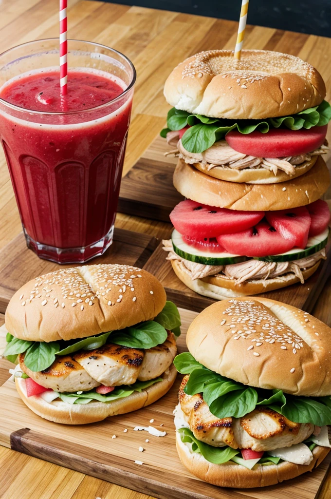 Chicken sandwich and watermelon juice on table