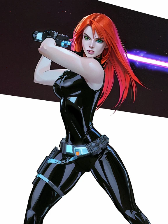 (best quality,8k:1.2,high resolution:1.2), dramatic pose, dynamic action, glowing lights, neon colors, cinematic lighting, photorealistic, 8k, best quality, masterpiece, ultra-detailed, physically-based rendering, ultra-detailed, vintage science fiction, Star Wars based environment, extremely detailed face, long eyelashes, a upper body shot of a woman (Mara Jade), long orange hair, bright green eyes, a determined look, smirking and stoic gaze. She's wearing a tight shiny black leather suit, tan cape, gloves, silver utility belt and high-heel boots. Her gaze is both alluring and fierce, as she holds the purple lightsaber with a delicate yet deadly grip. Mara Jade is in a fighting position with the purple lightsaber.