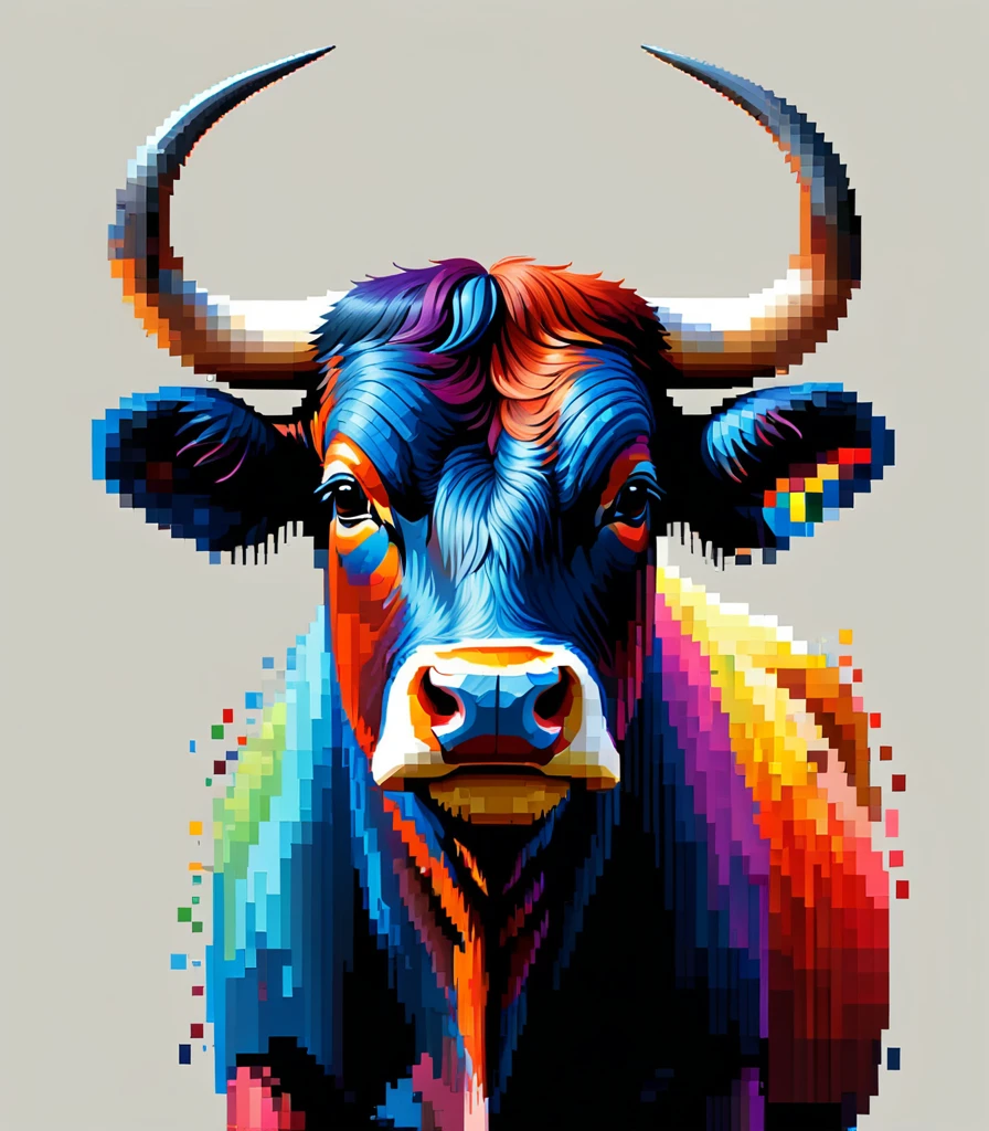 pixel art,Thai artist Thawan Duchanee uses colorful brush strokes to create a 3D pixelated portrait of a lone bull...