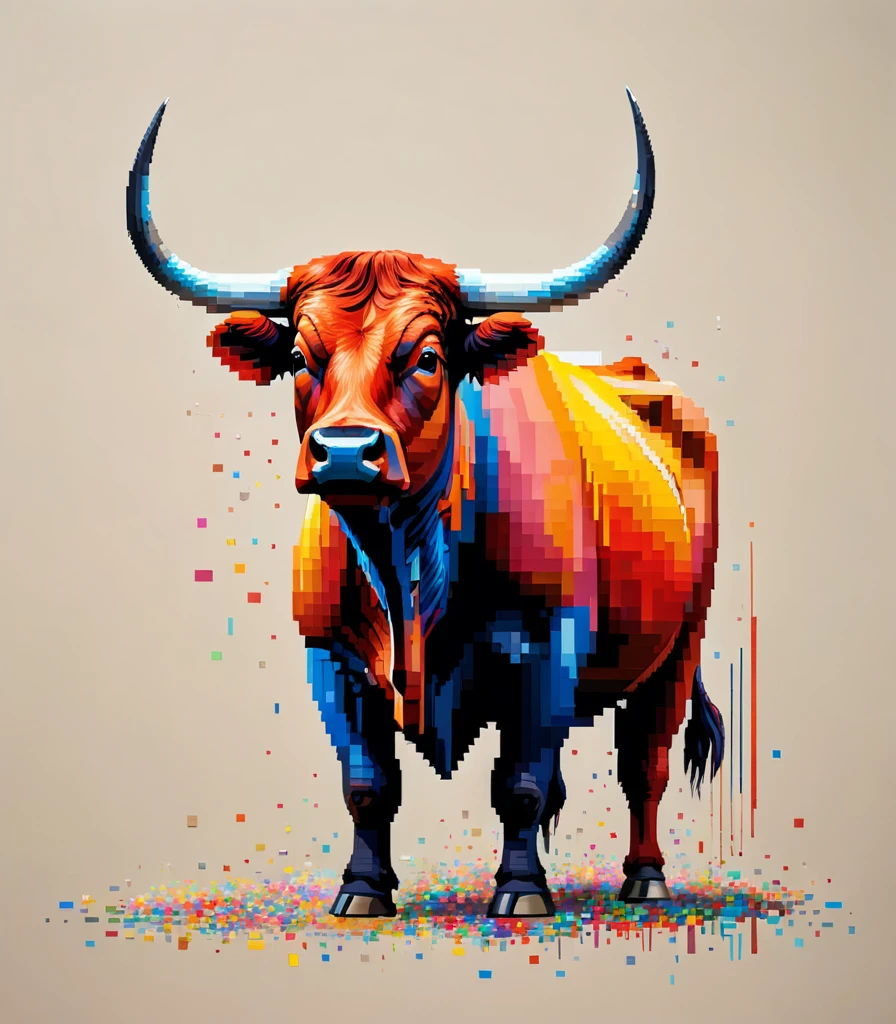 pixel art,Thai artist Thawan Duchanee uses colorful brush strokes to create a 3D pixelated portrait of a lone bull...