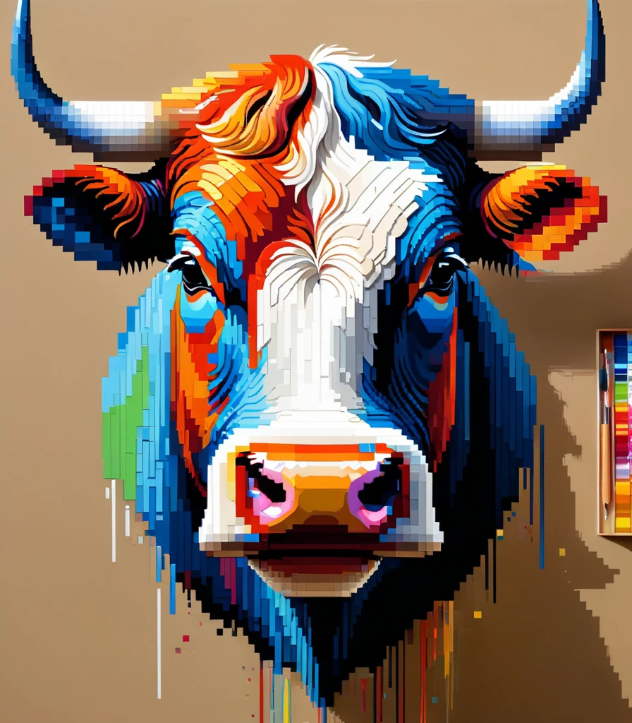 pixel art，Thai artist Thawan Duchanee uses colorful brush strokes to create a 3D pixelated portrait of a lone bull...