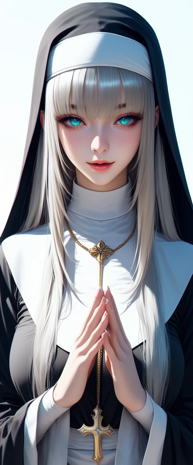 Character (white long hair) (lots of accessories and exaggerated silver jewelry) (nun manga-style clothing) (character in dynamic pose) (4k)