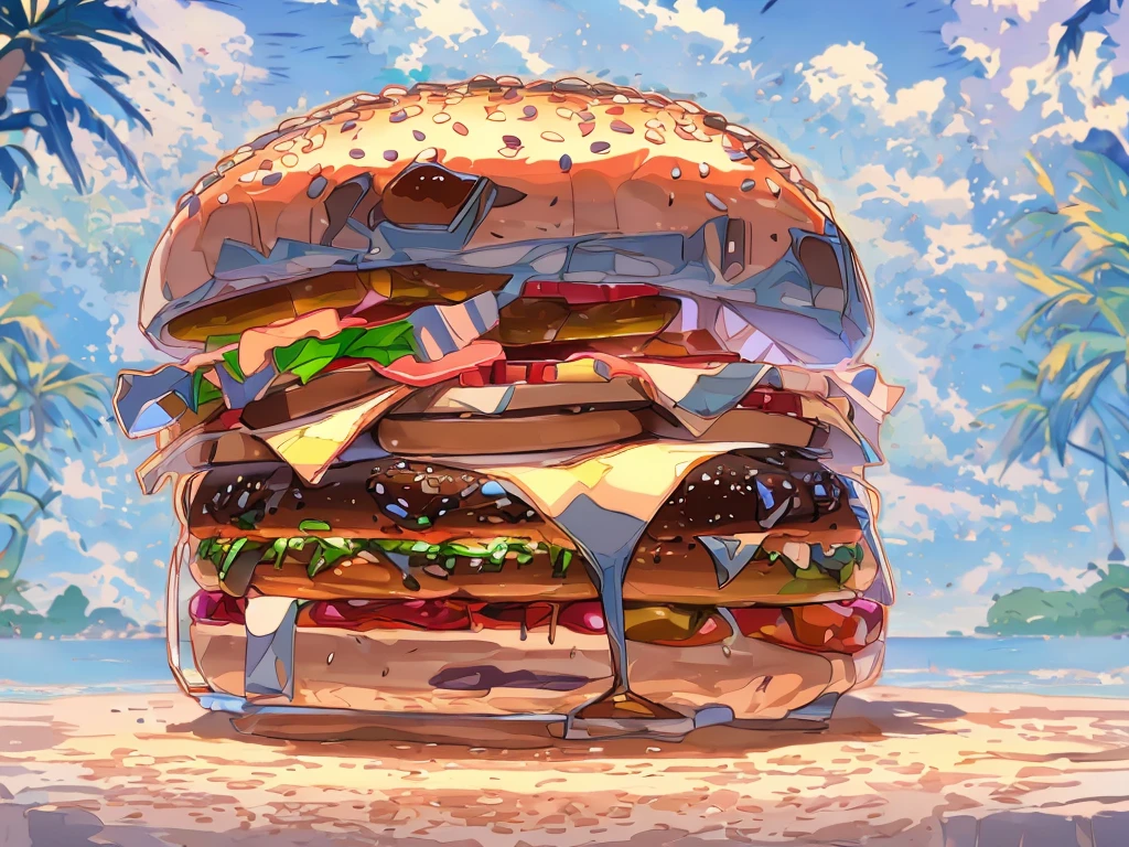 there is a large hamburger with many different toppings on it, big juicy burger, burger with a mouth, cheeseburger, hamburger, burger, super realistic food picture, amazing food illustration, digital painting highly detailed, highly detailed digital painting, hyperrealistic digital painting, detailed painting 4 k,(masterpiece, masterpiece,highest quality)