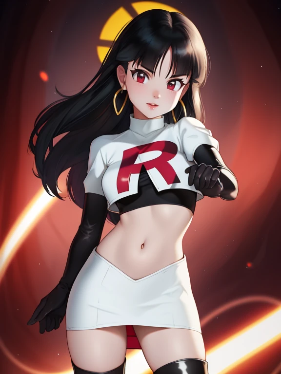 SabrinaPKMN, black hair ,glossy lips, earings ,team rocket uniform, red letter R, white skirt,white crop top,black thigh-high boots, black elbow gloves, closed mouth, evil smile, 