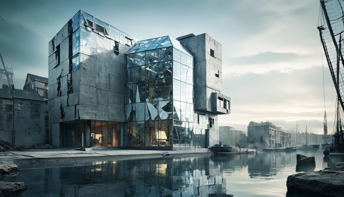 fantasy, A deconstructivist building with fractured, angular forms composed of reflective glass, steel, and concrete situated near a body of water, where the interplay of natural and artificial lighting creates a visually captivating and perceptually challenging experience., studio lighting, copy background, professional grading, advertising, adventure core, soft and dreamy depictions, epic eerie