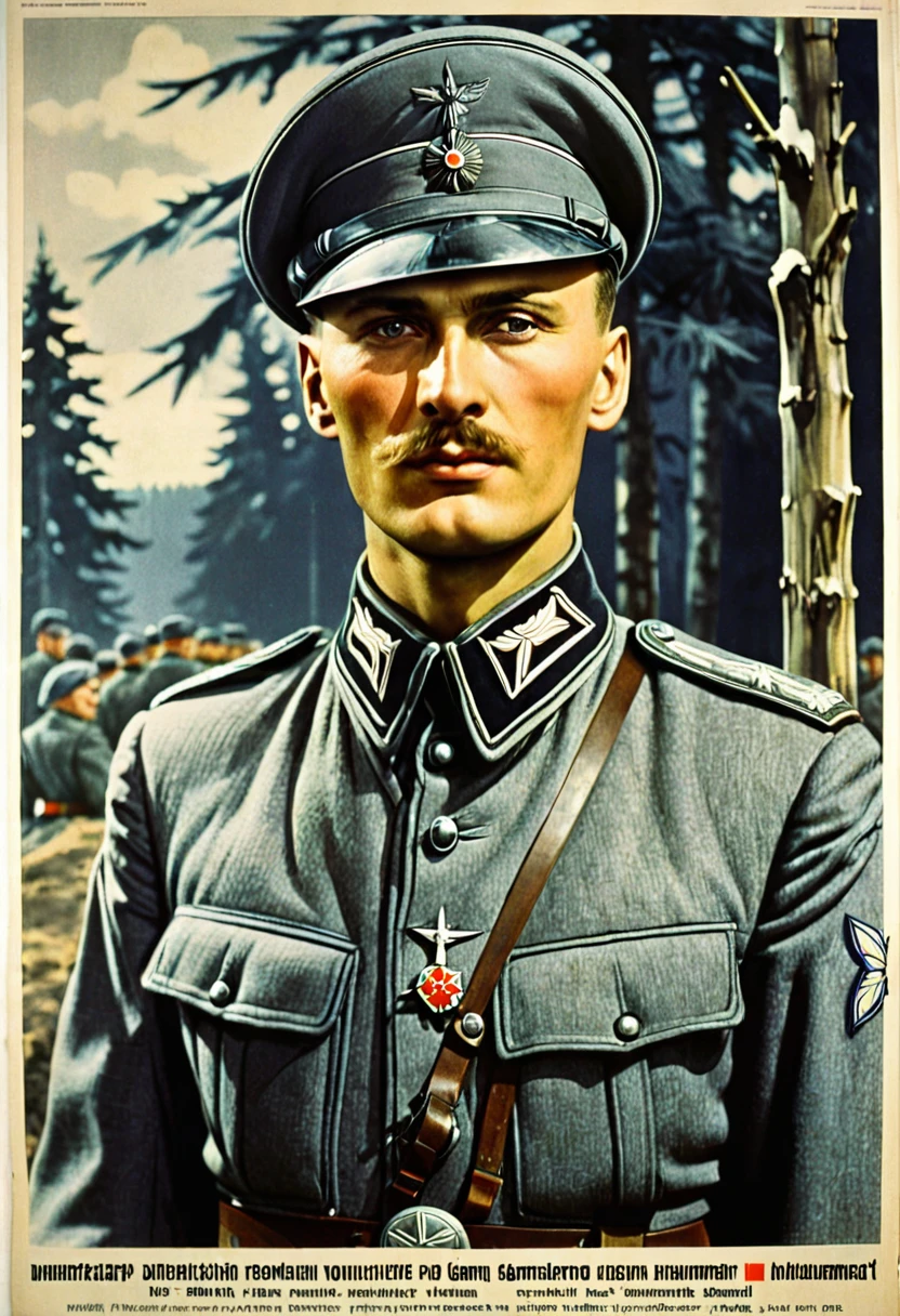 A poster written in Russian recruiting Russian volunteers for the German Wehrmacht.,The photo shows a Russian man in a grey German military uniform.