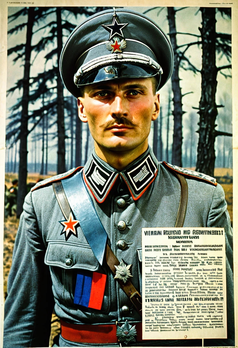 A poster written in Russian recruiting Russian volunteers for the German Wehrmacht.,The photo shows a Russian man in a grey German military uniform.
