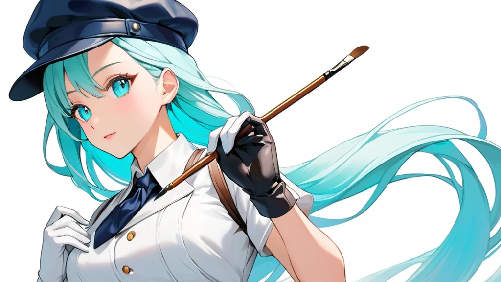 Female, woman, mature, Beautiful, Humble, Kind, long hair upper waist Stright Braided Hairstyles, Aqua blue pupil eyes colour, bright cyan Hairs, leather white wear Newsboy Cap, white dress flowing with skirt, wear leather white female gloves, holding small brush, Anime style, vivid colours, (White backgrounds:1.1)