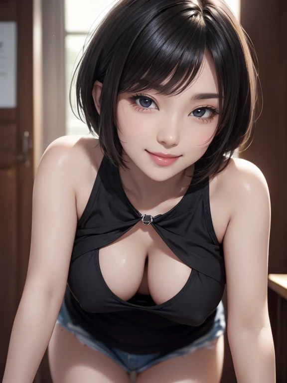 View your viewers,high school girl,Leaning forward,(Random cute clothes),(Random Animation Pose),(Thin type),(Very large breasts),(Big Breasts)(Accentuate your cleavage)(Black Short Hair)(Pixie Cut),(Best image quality, (8k), Ultra-realistic, 最high quality, high quality, High resolution, high qualityの質感, Attention to detail, Beautiful details, Fine details, Highly detailed CG, Detailed Texture, Realistic facial expressions, masterpiece, in front),(Wear glasses:1.1)