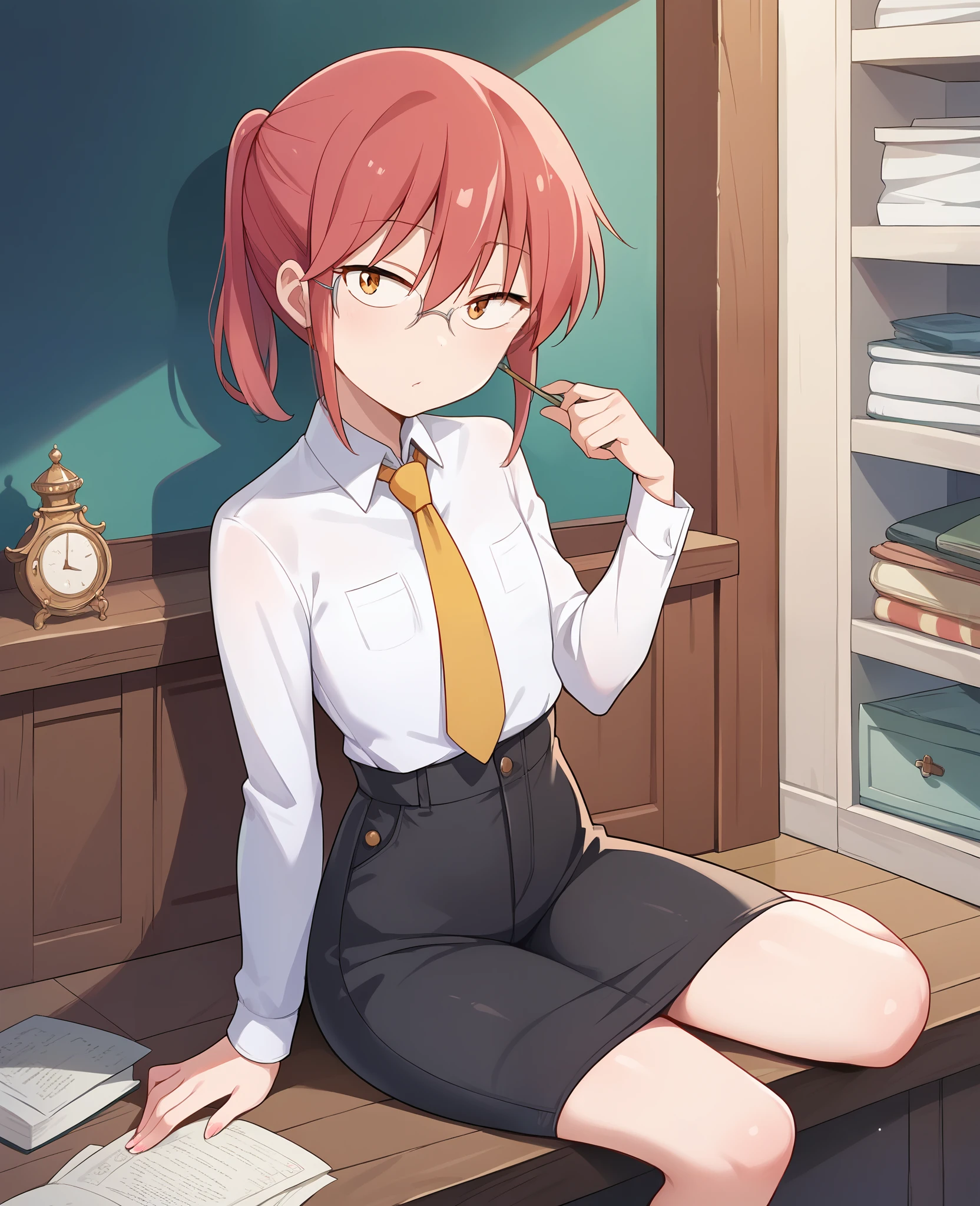 score_9, score_8_up, score_7_up, source_anime, masterpiece, 1girl, ctiankobayashi, flat chest, dress shirt, black pants, yellow necktie, looking at viewer, thighs,  