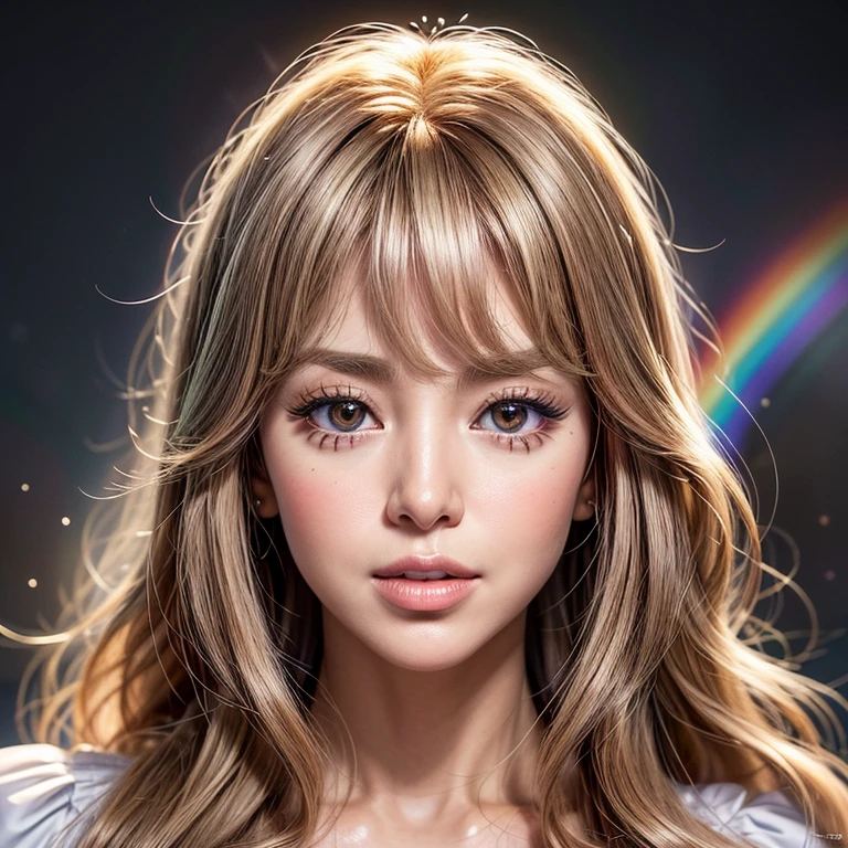 NSFW, 8k, High-level, absurd, masterpiece, best quality, primitive, very detailed CG, very detailed wallpaper, perfect lighting, Extremely detailed ((( personifying " Farrah Fawcett Majors " as a Little Girl))), MysticSight, Tyndall effect, Tyndall scattering, (Studio gray background with (Overflowing oodles Dazzling RainbowColorParticles (BokeH))), (RoundlyButts, ThighGap), (Exposed:0.4), (Assfocus with looking ahead) BREAK (Acutance:0.88), (NOGIZAKA face variations) Extremely Detailed very KAWAII face variations, perfect anatomy, Childish, CaptivatingGaze ElaboratePupils detailed Eyes with (sparkling highlights:1.28), (Voluminous LongEyelashes、GlossyRED Lips with beautiful details, RosyCheeks, Radiant PearlSkin with Transparency . { (Dynamic LifeLike expressions:1.4) | :d) }, (large eyes:-1) .