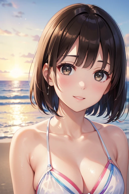 (最high quality,4K,8k,High resolution,masterpiece:1.2),  ((最high quality)), ((masterpiece)), (detailed), (((Perfect Face))),  ,超detailed, 

katou megumi、Shiny brown hair, short hair, Beautiful brown eyes、smile、Sparkling eyes, (Fine grain)、超detailedな目、非常にdetailedな顔, 非常にdetailedな目,

(((masterpiece、High resolution、high quality、delicate、Ultra-High resolution、8k)))1 female、Thick lips、Glowing Skin、Micro Bikini、break,Ocean、Beach、Water Drop、rainbow、evening、sunset