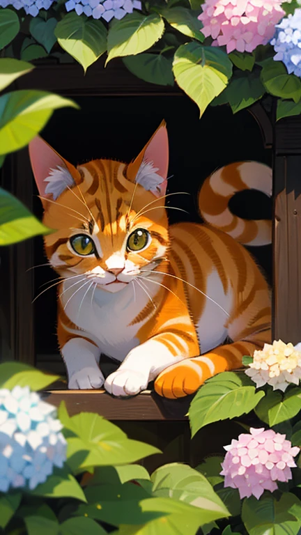 Orange kitten peeking out between hydrangeas 