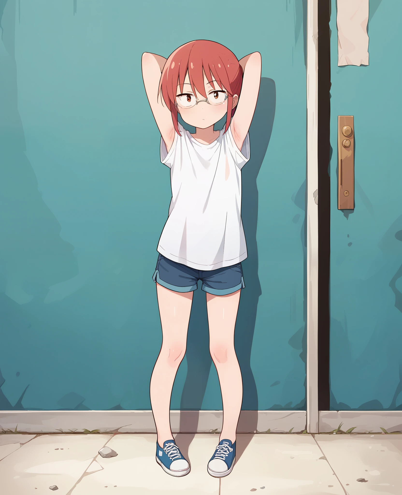 score_9, score_8_up, score_7_up, source_anime, masterpiece, 1girl, ctiankobayashi, flat chest, white t-shirt, armpits, looking at viewer, standing, full body