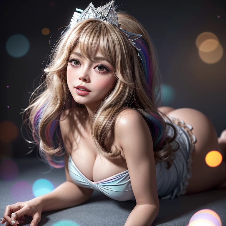 NSFW, 8k, High-level, absurd, masterpiece, best quality, primitive, very detailed CG, very detailed wallpaper, perfect lighting, Extremely detailed ((( personifying " Farrah Fawcett Majors " as a  Girl))), MysticSight, Tyndall effect, Tyndall scattering, (Studio gray background with (Overflowing oodles Dazzling RainbowColorParticles (BokeH))), (RoundlyButts, ThighGap), (Exposed:0.4), (Assfocus with looking ahead) BREAK  (Acutance:0.88), (NOGIZAKA face variations) Extremely Detailed very KAWAII face variations, perfect anatomy, Childish, CaptivatingGaze ElaboratePupils detailed Eyes with (sparkling highlights:1.28), (Voluminous LongEyelashes、GlossyRED Lips with beautiful details, RosyCheeks, Radiant PearlSkin with Transparency . { (Dynamic LifeLike expressions:1.4) | :d) }, (large eyes:-1) .