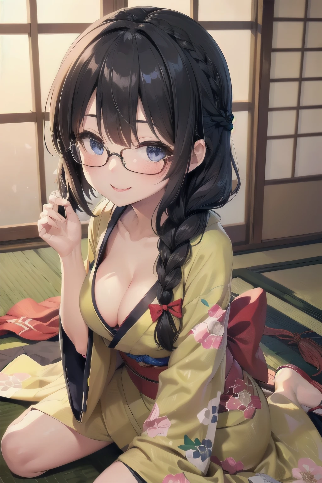 masterpiece,extremely delicate and perfect body,ultra beautiful face,details face,ultra high quality,extremely high resolution,(li:1.4),(black long hair),(braid hair:1.3),glasses,,skinny,(middle breasts:1.2),(kimono,cleavage:1.6),(wariza:1.4),japanese room,(happy,smile)