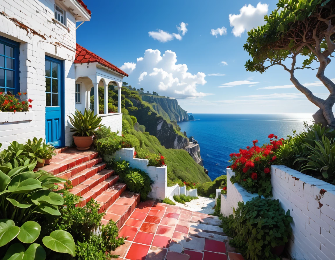 Striking view from the porch of an old white brick house, perched on a cliff overlooking the ocean. The little house has a small garden area with a few plants and flowers, and a set of stairs leading up to it, red tiles with white grout, cracked walls. The cliff is covered in lush greenery, with trees and bushes. deep blue sea below. The sky above is a clear blue with a few scattered white clouds, sharp focus, hyperrealistic, vibrant colors, HDR, 32k
