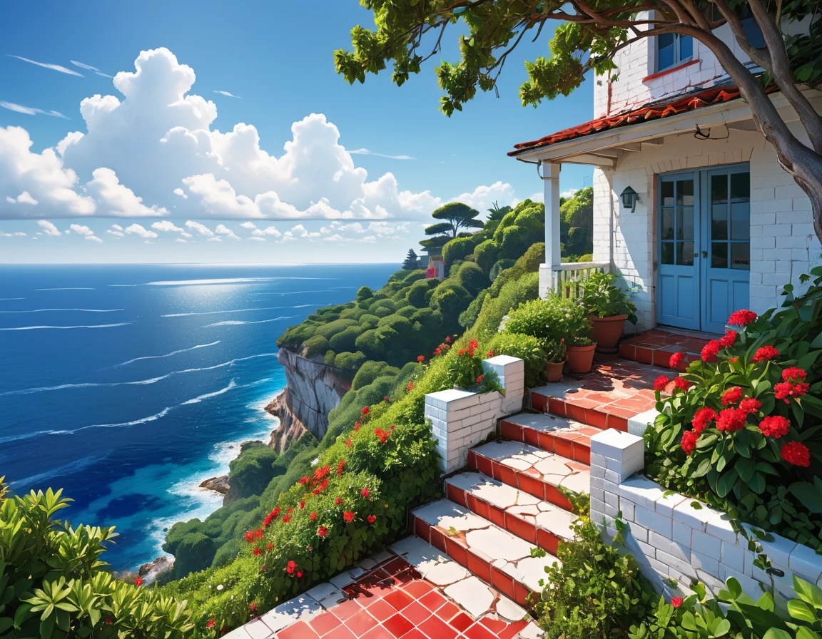 Striking view from the porch of an old white brick house, perched on a cliff overlooking the ocean. The little house has a small garden area with a few plants and flowers, and a set of stairs leading up to it, red tiles with white grout, cracked walls. The cliff is covered in lush greenery, with trees and bushes. deep blue sea below. The sky above is a clear blue with a few scattered white clouds, sharp focus, hyperrealistic, vibrant colors, HDR, 32k